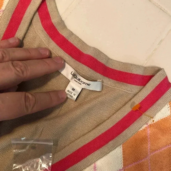 Preppy Argyle Cardigan Sweater Pink Orange Size M Liz Claiborne - Picture 3 of 4